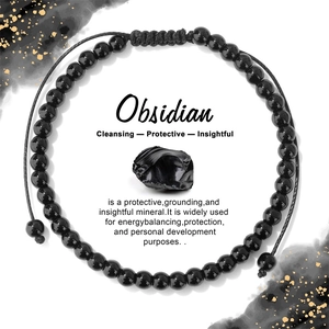 Vue détaillée du bracelet en obsidienne avec pierre brute et carte de propriétés