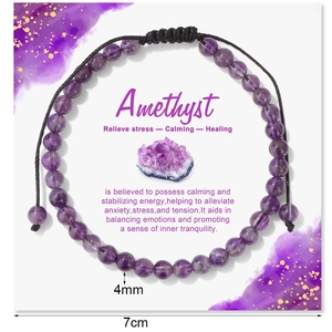Bracelet en améthyste naturelle de 4mm tissé à la main avec carte de message de guérison