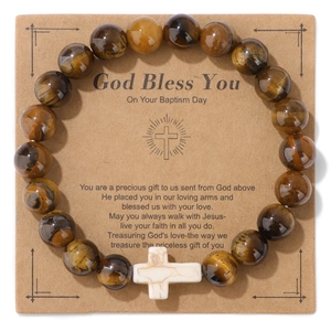 Tigerauge Perlenarmband mit Marmorkreuz auf einer Gott Segne Dich Geschenkkarte