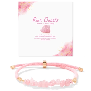 Detail of rose quartz chip bracelet with pink cord and meaningful message card