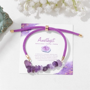Natural amethyst chips stretch bracelet with adjustable cord and description card