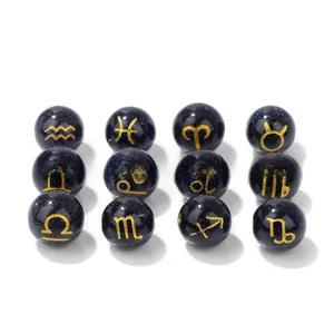 10mm blue sandstone beads with golden zodiac signs in a 12-piece set for jewelry making