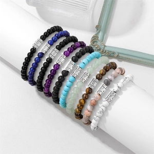 Set of 6mm natural stone bracelets with Om Mani Padme Hum silver beads for meditation