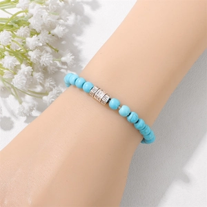 6mm natural sky blue turquoise stone bead bracelet with engraved silver mantra charm