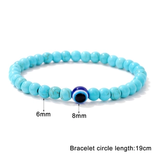 6mm Naturtürkis-Perlenarmband mit blauem Evil-Eye-Anhänger und elastischem Band