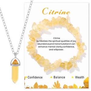 Natural Stone Healing Crystal Jewelry Set Hexagonal Point Pendant Necklace Chip Stone Elastic Bracelet For Women Jewelry
