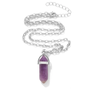 Natural amethyst hexagonal prism pendant necklace with adjustable silver metal chain