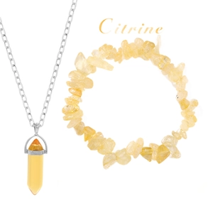 Natural citrine jewelry set featuring polished crystal pendant necklace and stretch bracelet