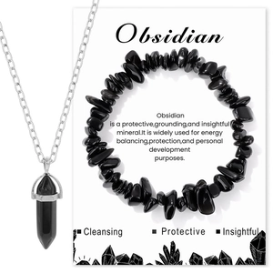Natural black obsidian crystal jewelry set with hexagonal pendant necklace and chip bracelet