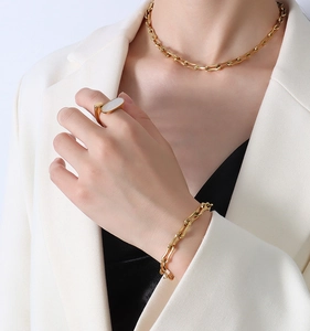 Détail de l'ensemble collier et bracelet à maillons en U plaqué or 18 carats avec bague