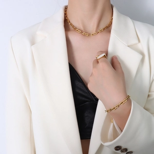 Parure collier, bracelet et bague en acier inoxydable plaqué or 18k pour femme