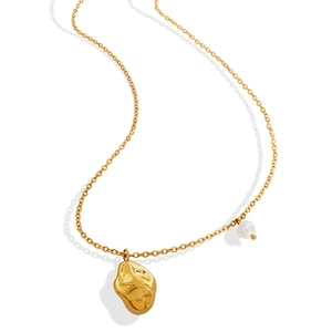 Minimalist 18K gold plated geometric lava pendant necklace with a white pearl charm