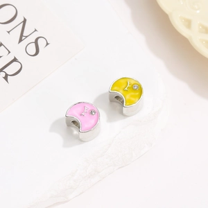 Colorful moon shape enamel beads with zircon for DIY bracelet jewelry making