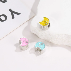 Colorful moon charm beads with enamel smiley faces and rhinestones for DIY bracelets