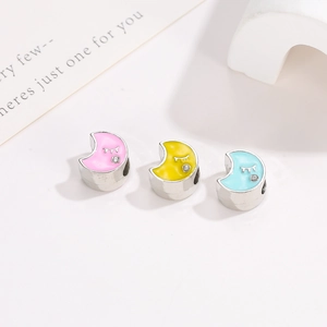 Colorful moon enamel beads with rhinestones for DIY bracelets in pink, yellow, and blue