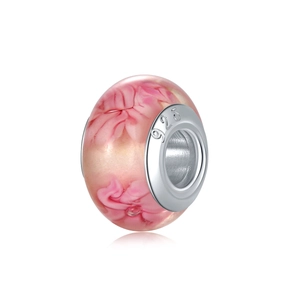 Perle de verre fleur rose avec cœur en argent S925 pour création de bijoux DIY