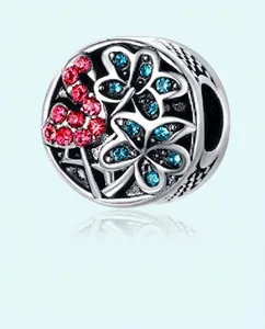 Silver flamingo bead charm with pink and blue rhinestones for DIY bracelet making