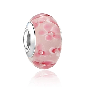 Perle en verre rose fleur de cerisier avec cœur en argent pour bracelet fleuri