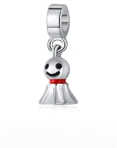 Polished silver teru teru bozu charm with red enamel collar and smiling face detail