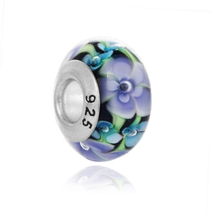 Perle en verre argent 925 avec fleur violette et feuilles pour création de bijoux DIY