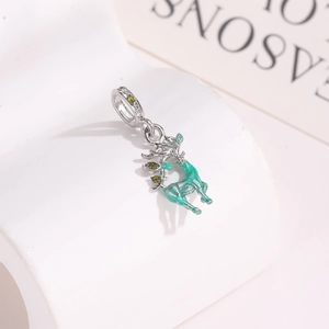 Exquisite silver Christmas reindeer charm with teal enamel and sparkling zircons for bracelets