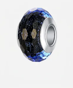 Blue and black faceted glass charm bead with silver core for DIY jewelry bracelets
