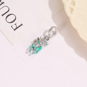 Silver reindeer charm with green enamel and tiny gemstones for DIY bracelets and necklaces