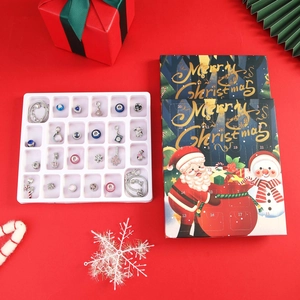 Blue and pink Christmas advent calendar jewelry set with 24 DIY beads and charm bracelets