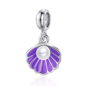 Ethnic shell bead charm with purple enamel and pearl inlay for DIY jewelry design