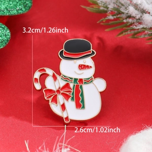 Detailed view of enamel snowman brooch with size markings and festive decor
