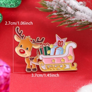 Detail of Christmas reindeer and pink sleigh enamel brooch with exact dimensions
