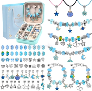 66pcs DIY rainbow unicorn jewelry set with mermaid charms in blue gift box