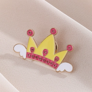 Golden crown enamel brooch with pink rhinestones and white wings for Christmas gifts