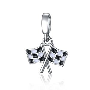 Macro shot of silver racing checkered flag charm with black and white enamel detail