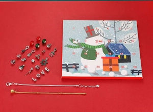 Close-up of 24-day Christmas advent calendar jewelry set with festive resin charms
