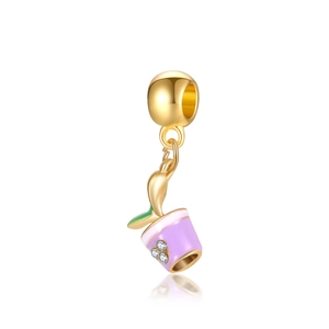 Creative flower pot alloy pendant with pink enamel leaf and heart cubic zirconia charm