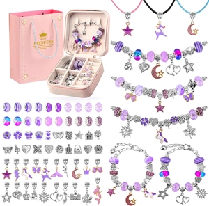 Detail view of 66pcs DIY unicorn charm bracelet set with pink jewelry box and gift bag