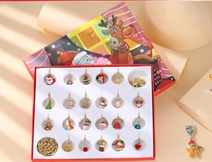 Detailed view of Christmas advent calendar jewelry box with 24 festive charms and chains