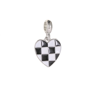 Detail view of heart charm with black and white checkerboard pattern for bracelets