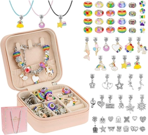 DIY jewelry kit with unicorn beads, pink storage case, and a princess gift bag set