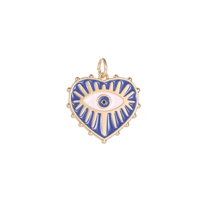 Heart-shaped Evil Eye pendant in blue enamel with gold accents for jewelry making