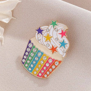 Sparkling rainbow cupcake brooch with stars and rhinestones for Christmas gift