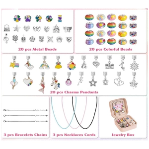 Detail of 66pcs DIY jewelry kit with rainbow unicorn beads and pink storage box