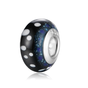Perle de charme style ethnique en argent S925 avec paillettes bleues et pois blancs