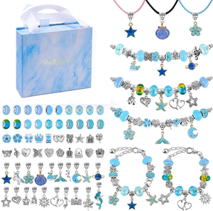 DIY ocean blue jewelry making kit with rainbow unicorn charms and marble gift box