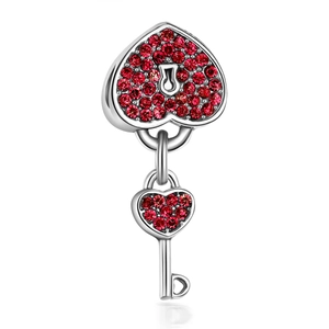 Abalorio de candado de corazón y llave en plata con cristales rojos para pulseras DIY