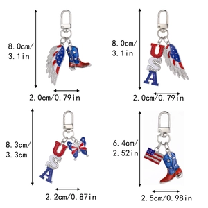 Detailed views of patriotic keychains with stars, wings and USA theme motifs