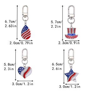 Detailed size chart of four American flag themed keychains with lobster clasps