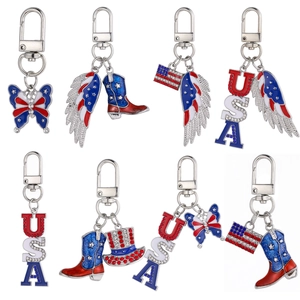 Patriotic US Independence Day Keychain Red White Blue USA Flag Bag Charm Zinc Alloy Enamel Rhinestone Wing Cowboy Boot Star