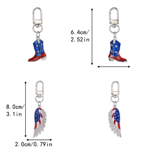 Detailed size specifications for USA flag theme cowboy boot and wing metal keychains